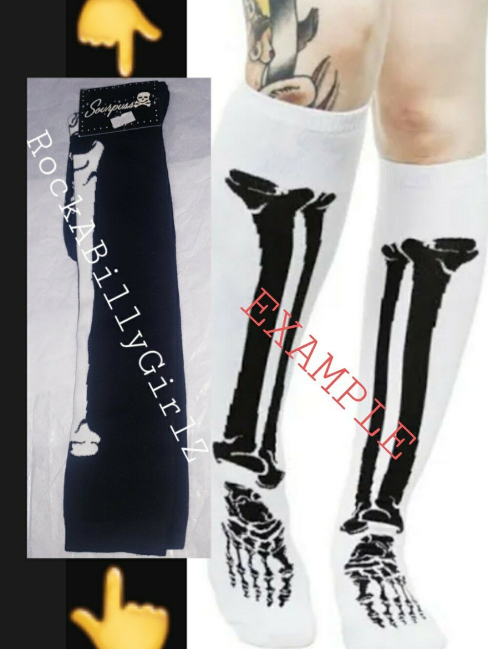 Sourpuss Black Boneyard Halloween 17" Knee Socks White Skeleton Leg Bones & Feet
